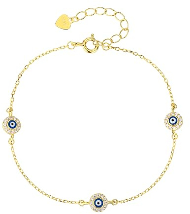 Mystic Jewels – Armband Türkisches Auge aus 925er Silber vergoldet, 3 Mini Evil Eye Amulette mit Zirkonia, verstellbare Kette 16+3 cm, Schutzschmuck