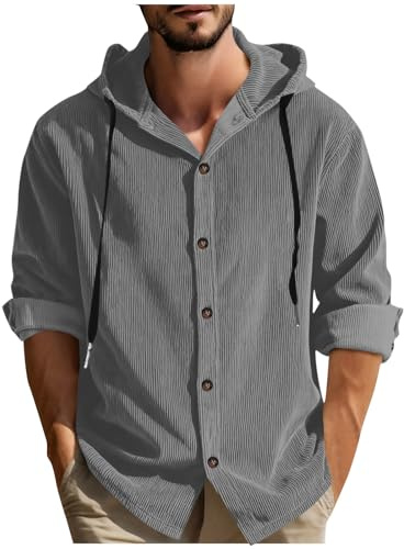 Lovraj Hemd Herren Langarm Corduroy Freizeithemd mit Kapuze Regular Fit Einfarbig Cordhemd Lässig Button Down Hemdjacke