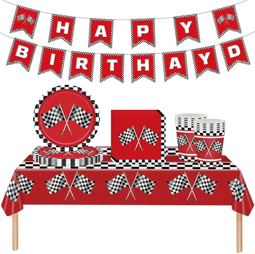 42 Pcs Red Racing Car Party Tableware Set for 10 Guests, Paper Plates Cups Napkins Tablecloth and Banner, Race Car Birthday Party Supplies for Boys Kids