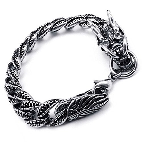 OIDEA Herren Armband Drachen Edelstahl: Vintage Silber Armkette Panzerkette Retro Armreif Drachenkopf Biker Punk Rock Schwer Handgelenk Schmuck Geschenk für Männer Jungen