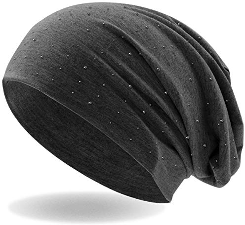 Hatstar Damen Beanie Mütze | mit edler Strass Nieten Applikation | Mädchen Mütze | elastisches Slouch Long Beanie | leicht und weich (Dunkelgrau)