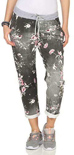 CLEOSTYLE angesagte Damen Jogginhose im Boyfriend-Style für Freizeit, Sport und Fitness 9-2 (Schwarz/Blume)