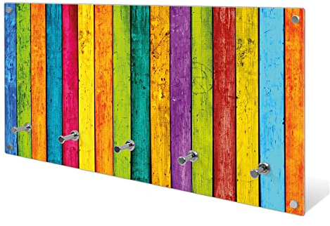 banjado® Wandgarderobe aus Echtglas/Design Garderobe 80x40x6 cm groß/Flurgarderobe mit 5 Haken/Magnetisches Garderobenpaneel Motiv Bunte Holzlatten