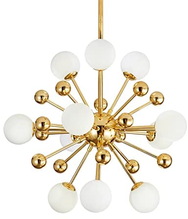 KCO Lighting Sputnik-Kronleuchter, Hängeleuchte aus Goldfarbenem Metall aus der Mitte des Jahrhunderts, Hängeleuchte aus Mattweißen Glaskugeln für Wohnzimmer und Esszimmer (11 Lichter)