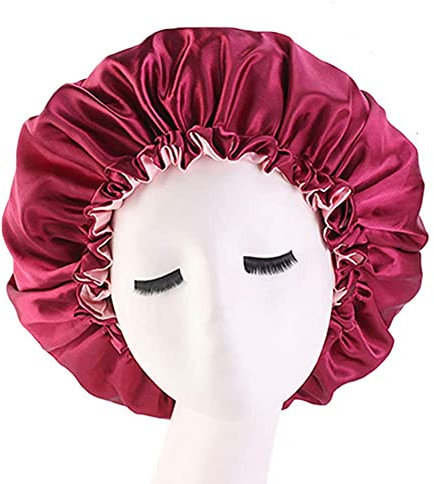 Cospack Bonnet de sommeil en satin – Extra large double couche réversible réglable en satin pour cheveux endormis, bordeaux + rose coquille