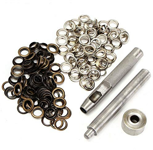 POWERTOOL Brass Eyelets, 1Set Eyelets Set Brass 100PCS Eyelet with Punch Hole Tool and Fastened Tool for Tarpaulin, Fabric, Curtains and Bags etc(8mm)