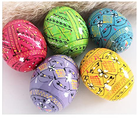 Pysanky Pisanki Handbemalte Ostereier aus Holz, pastellfarben, ukrainisch, 5 Stück, Osterdekoration