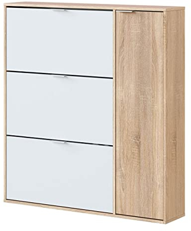 Habitdesign Mueble Zapatero 4 Puertas, Modelo Class, Acabado en Roble Canadian y Blanco Artik, Medidas: 106 cm (Ancho) x 115 cm (Alto) x 22 cm (Fondo)