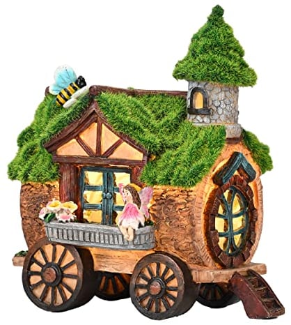 TERESA'S COLLECTIONS 21cm Adornos de Jardín Casa de Hadas Luz Solar LED, Decoracion de Jardin Hogar de Resina de Casa del Arbol Habitante con Verde Musgo, Carro y Hada