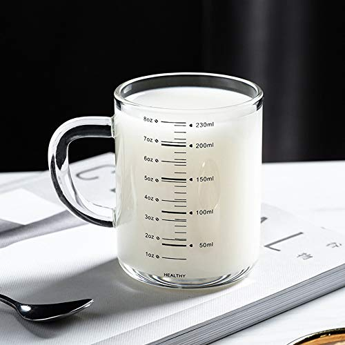Milk Measuring Jug 230ml/8oz Glass Measuring Cup Heat Resistant High Borosilicate Transparent Beaker Mug with Lid Solid Ounce Cup Fluid Accuracy Measure Tool for Microwave,Tea,Cafe,Whiskey,Milk