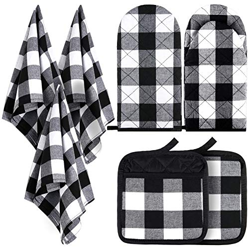 7 Stücke Büffel Kariert Geschirrtücher Topflappen Ofenhandschuhe Satz Baumwolle Schwarz und Weiß Plaid Küche Geschirrtücher Rutschfeste hitzebeständige Ofenhandschuhe und Topflappen