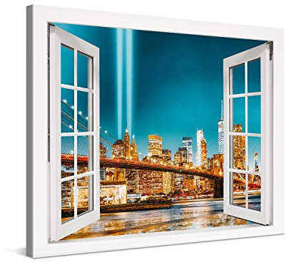 PICANOVA – Bild auf Leinwand New York Manhattan Brooklyn Bridge at Night Fenster 80x60cm – Leinwandbild – Premium Leinwanddruck – Wandbild Kunstdruck Auf 2cm Holz-Keilrahmen Wohnzimmer Wanddekoration