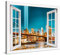 PICANOVA – Bild auf Leinwand New York Manhattan Brooklyn Bridge at Night Fenster 80x60cm – Leinwandbild – Premium Leinwanddruck – Wandbild Kunstdruck Auf 2cm Holz-Keilrahmen Wohnzimmer Wanddekoration