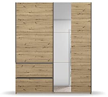 Rauch Möbel Sevilla Schrank Kleiderschrank Schwebetürenschrank, Eiche Artisan, Holz, Griffleisten Grau metallic, 2-türig mit Spiegel, inkl. 2 Kleiderstangen, 2 Einlegeböden BxHxT 175x210x59 cm