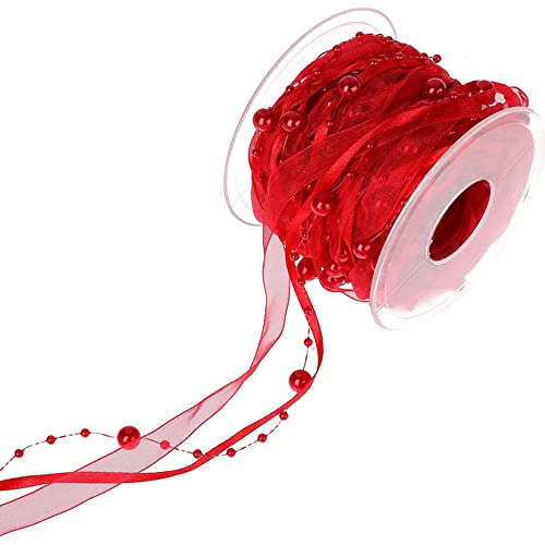 Duories 10m Perlengirlande mit Organza,8+3mm Perlenband,Geschenkband,Trendyband,Schleifenband,Dekoband Hängedeko Tischdeko Dekokette für Hochzeit Weihnachten Taufe Geburtstagsgeschenke,Rot