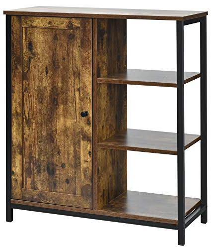 TANGZON Industrial Storage Cabinet, Steel Frame 1/2-Door Sideboard with Adjustable Shelf & 3 Open Shelves, Wooden Display Cupboard Organiser for Home Kitchen Living Room Hallway (1 Door, 70x30x81cm)
