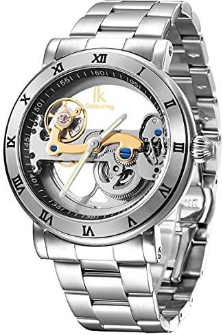 Alienwork IK Automatikuhr Armbanduhr Herren Damen Silber Edelstahl Metallarmband Skelett Glasboden