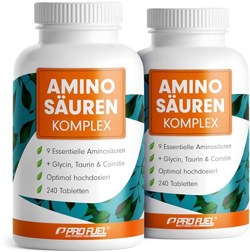 Aminosäuren Komplex hochdosiert - 480 Tabletten - 6.000 mg Aminosäuren pro Tag - 9 essentielle Amino-Säuren + 3 Co-Faktoren: Taurin, Carnitin & Glycin - laborgeprüft mit Zertifikat - 100% vegan