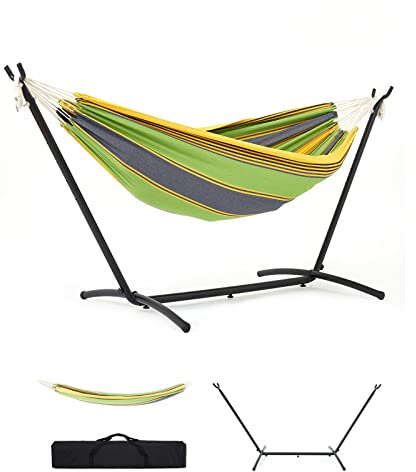 Mondeer Hängematte mit Hängemattengestell, Doppel Baumwolle mit Gestell für 2 Personen, Tragbare Outdoor & Indoor Terrasse Hof Garten, Belastbarkeit bis 200 KG, Grün