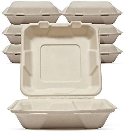 DISPOSABLE GREEN Bagasse Clamshell Lebensmittelbehälter, Einweg-Lebensmittelbehälter, Takeaway-Boxen für heiße, kalte, nasse und ölige Lebensmittel, ungebleichte Mahlzeiten-Vorbereitungsbehälter, 20,5