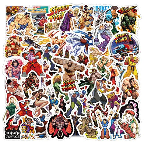 52Pcs Street Fighter Stickers，Games Merch Collection Vinyl Waterproof Sticker Decals for Water Bottle, Laptop, Phone, Skateboard, Car, Gifts for Kids Teens Adults for Party Supplies Favors Decor