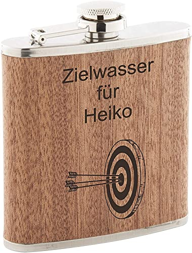 Zielwasser mit Scheibe Flachmann Holz mit Gravur personalisiert (Scheibe mit Pfeil Detail)
