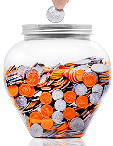 Mczcent Large Coin Bank Jar, 5/8 Gallon Big Clear Plastic Coin Money Tip Change Saving Piggy Jar with Silver Slotted Lid, Large Plastic Coins Piggy Money Change Clear Bank for Adults Teens Kids