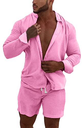 Onsoyours Homme Ensembles Hawaïenne Été Couleur Unie Chemise Shorts Tenues 2 Pièces Plage Survêtement pour Sports Jogging Décontractée A Rose L