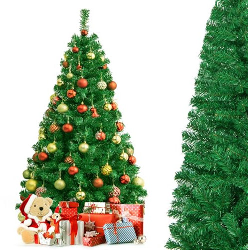 GYMAX Sapin de Noël 210 cm Artificiel, Apparence Réaliste avec Branches Denses, Installation Facile avec Corps en Sections, Stable avec Base Métallique, pour Intérieur, Extérieur, Maison, Magasin