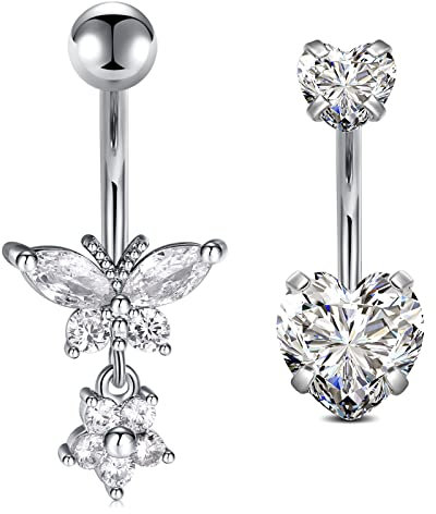 Crdifu 2er Bauchnabelpiercing Silber 10mm Chirurgenstahl Herz Schmetterling Bauchpiercing Piercing Bauchnabel