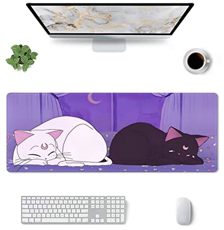 Anime Kawaii Gaming Mouse Pad Cute Cat Large Desk Mat XL Lavender Purple Extended Mousepad Gaming Desktop Mat Laptop Keyboard Mouse Mat Desk Pad 31.5x11.8in Non-Slip Rubber Base with Stitched Edges