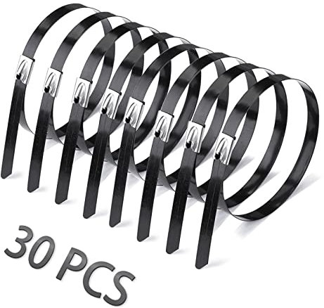 Helunsi 30 Pcs Metal Zip Ties 30cm / 11.8 Stainless Steel Cable Ties, Heavy Duty Self Locking Multi-Purpose, Suitable for Fixed Indoor Outdoor Exhaust Wrap Farms Pipes Cables and Fence - Black