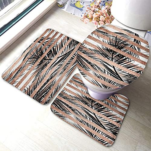 IUBBKI Bathroom Mat Sets 3 Piece Trendy Tropical Palm Trees Chic Rose Gold Stripes Shower Mat Decorations Pedestal Mat Toilet Lid Cover Absorbent Toilet Mat Seat Cover, For Outdoor