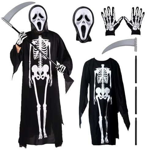 Byhsoep Disfraz Scream Ghostface Mask Halloween Costume Adulto con Mascara de Scream, hoz y guantes para cosplay, carnaval, hombre y mujer