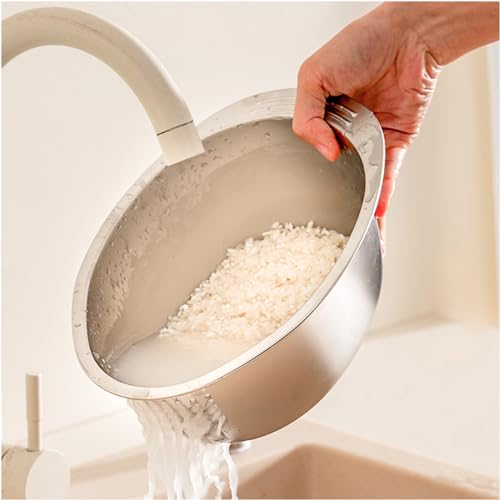Rice Washing Bowl with Strainer Quinoa Washer Bowl, Stainless Steel Side Drainers Colander for Cleaning Fruits, Vegetables, and Beans - Versatile Kitchen Tool