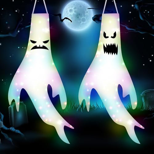 Halloween Deko Outdoor,Halloween Ghost Windsock Flags,Halloween Geist Dekoration Garten mit 3 Lichtmodi Led Lichterkette,Halloween Hanging Ghost Decoration for Halloween Party Garten Décor(2 Stück)