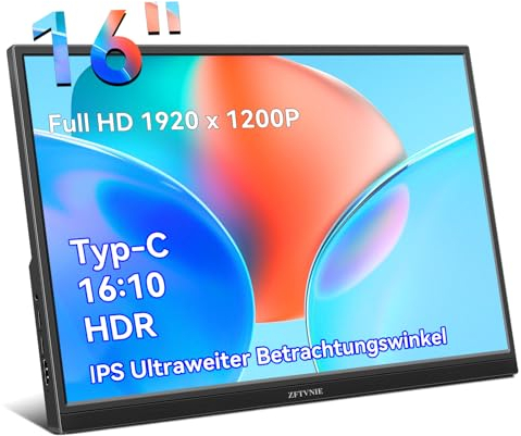 ZFTVNIE Portable Monitor 16 Zoll Tragbarer Monitor Full HD 1920x1200 IPS Bildschirm HDR Eye Care, HDMI USB Typ-C Monitor for Laptop PC PS4 Xbox Switch Xbox Ras Pi, Integrierte Lautsprecher