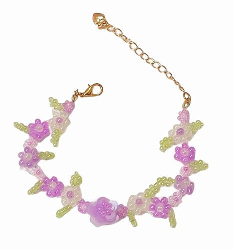 Ichlovdu Damen Armband Gänseblümchen Boho Handgefertigt Blumen Böhmische Perlen Armbänder für Frauen Mädchen Romantisches Schön Bracelet Lila