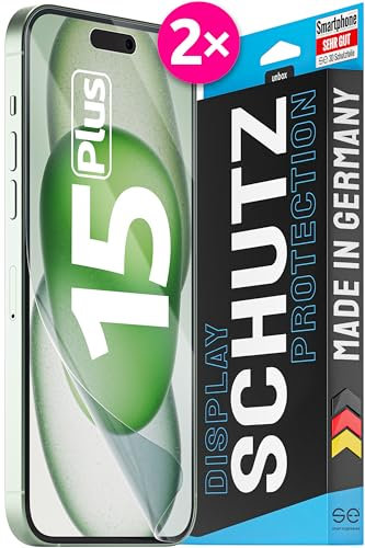 2x se® 3D SCHUTZFOLIE Transparent für Apple iPhone 15 Plus,Selbstheilend, 100% Fingerabdruck & FaceID kompatibel, einfache blasenfreie Installation, Ultra-Klar, Stoß-Kratzfest, aus Deutschland