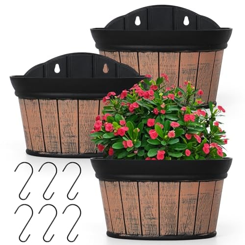 SOMYTING 3er Pflanzgefäß Wandbehang Wandvasen,Übertopf-Set Distressed Eiche, verdickte Kunststoff-Wasserspeicher-Blumentöpfe für Pflanzen Blumen Innen Außengeländer oder Zaundekor (Braun)