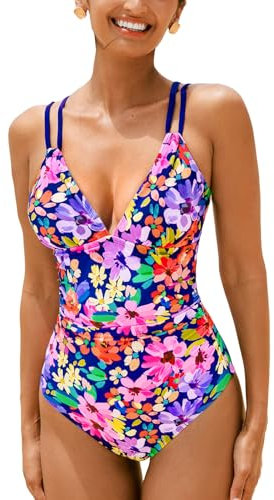CUPSHE, Costume da bagno intero da donna, con scollo a V, controllo della pancia, doppie cinghie regolabili, con cout-out sul retro e anello O-ring, L