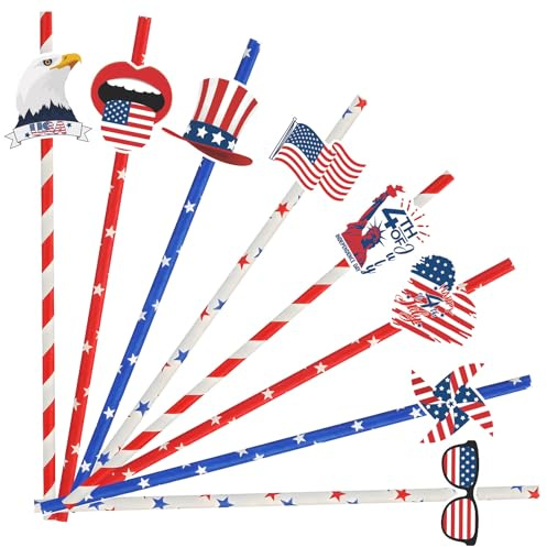 YQUQWN, Lot de 24 pailles en papier jetables pour décoration du jour de l'indépendance du 4 juillet, rouge, blanc et bleu