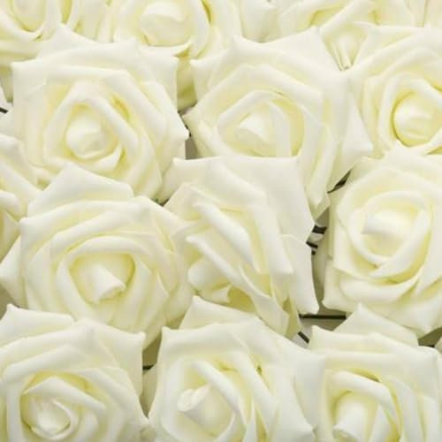 Lot de 50 têtes de roses en mousse magnifiquement conçues pour décoration de fête de mariage (blanc)