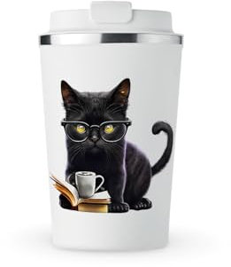 MAXIKIWI - Insulated Double Walled, Leakproof Stainless Steel Mug, Coffee or Tea Travel Tumbler with Lid, Keep Drinks Hot and Cold - Black Cat Reading Book - 350ml