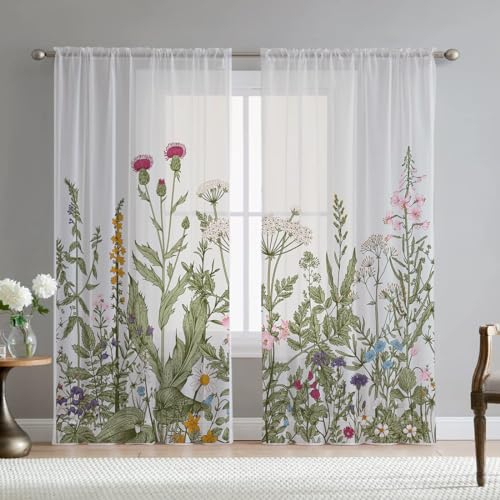 Fereyis Transparente Vorhänge für Wohnzimmer, 160 cm Länge, 2 Paneele, elegantes Blumenmuster, bedruckt, Fenstervorhang, Chiffon-Vorhänge für Schlafzimmer