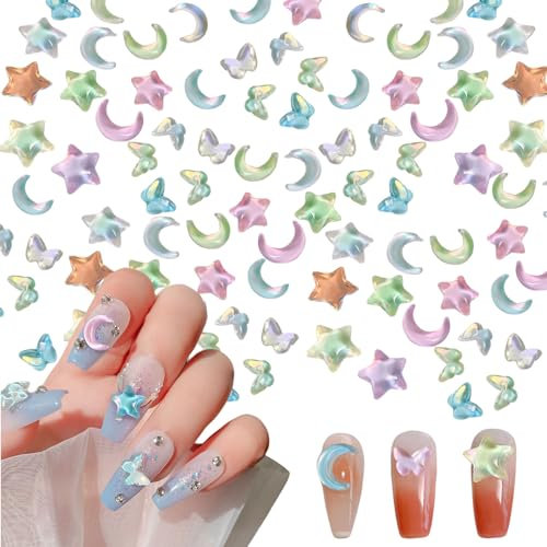 3D Nail Charms,60PCS Macaron Color Star Pentagram Moon Butterfly Nail Gems, Aurora Mixed Nail Art Decorations for Women Girls Manicure Design DIY Crafts (Macaron Color)