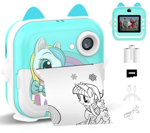 Macchina Fotografica Istantanea per Bambini,2,4 Pollici Digitale Fotocamera Instant Print 1080P HD Videocamera Obiettivo Fotocamera con 32GB Scheda e Carta Fotografica per Stampa,Regalo di Compleanno
