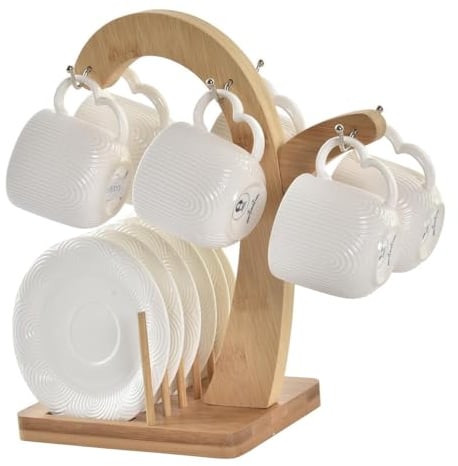 LEKE GO Juego de 6 tazas cafe con plato de porcelana con soporte bambu de 90 ml