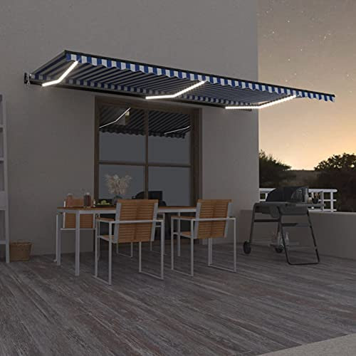 Homgoday Automatische Markise mit LED & Windsensor Gelenkarmmarkise Balkonmarkise Sonnenmarkise Sonnenschutz, mit Handkurbel, Höhen & Winkel Verstellbar, 600x300 Blau und Weiß