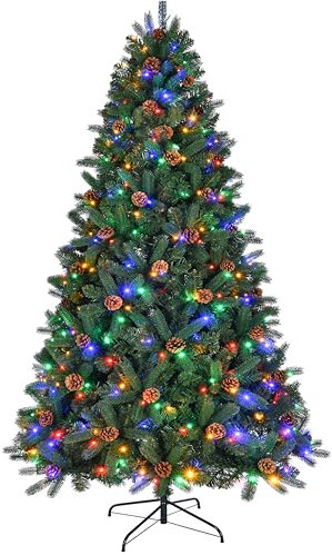 Asinse Pre-Lit 6ft Christmas Tree, 850 PE+PVC Branch Tips, 300 Multicolor & Warm White LED Lights, 9 Chasing Modes, Hanged Branches, Metal Satnd,Christmas Decoration
